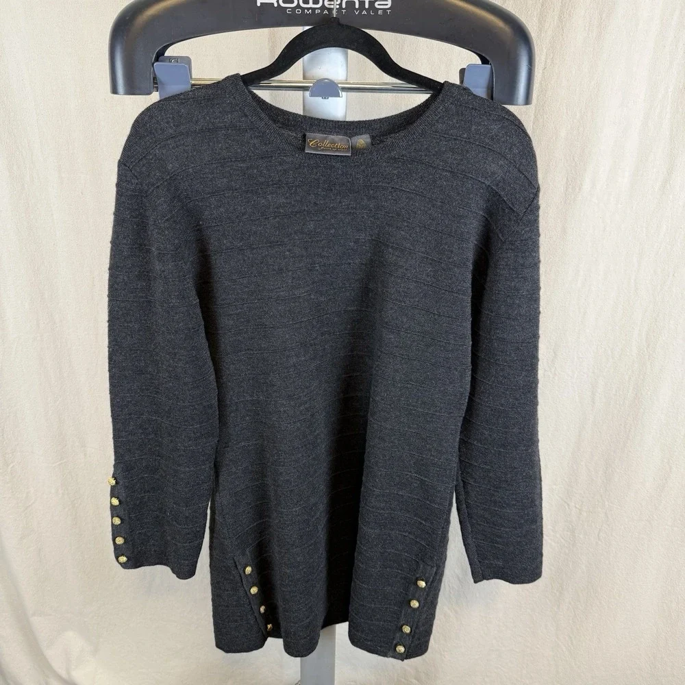 Vintage Nordstrom Gray Wool Tunic With Horizontal Texture And Gold Buttons Sz‎ M